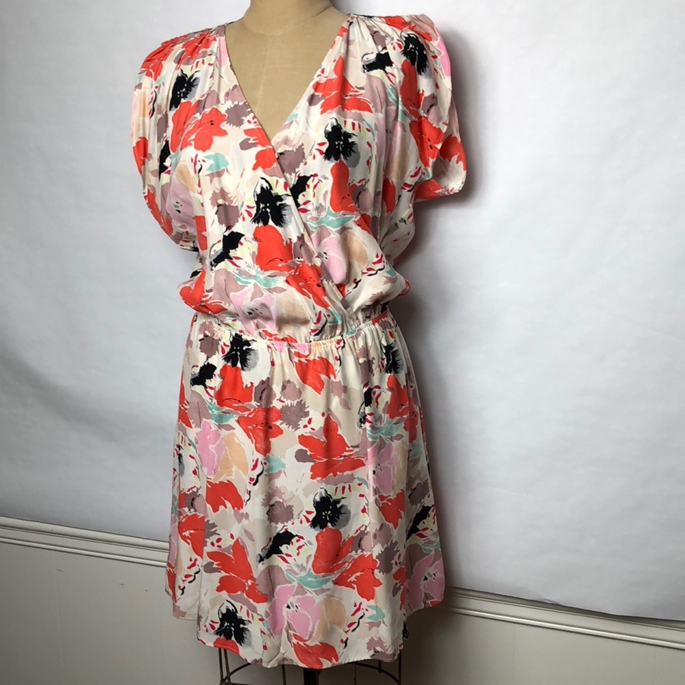 Parker Coral, Black & Pink Floral Wrap-Style Mini Dress